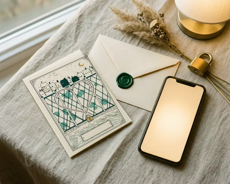 The classic Lockette card on linen beside a cream envelope with a green wax seal, a phone and dried flowers.