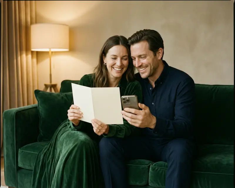 A couple on a green sofa in evening light; one holds an open cream card while the other points a phone at it.